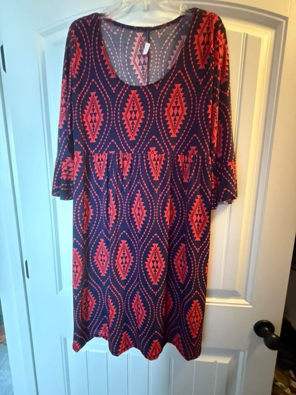 Women's Navy and Coral Geometric Scoop Neck Dress